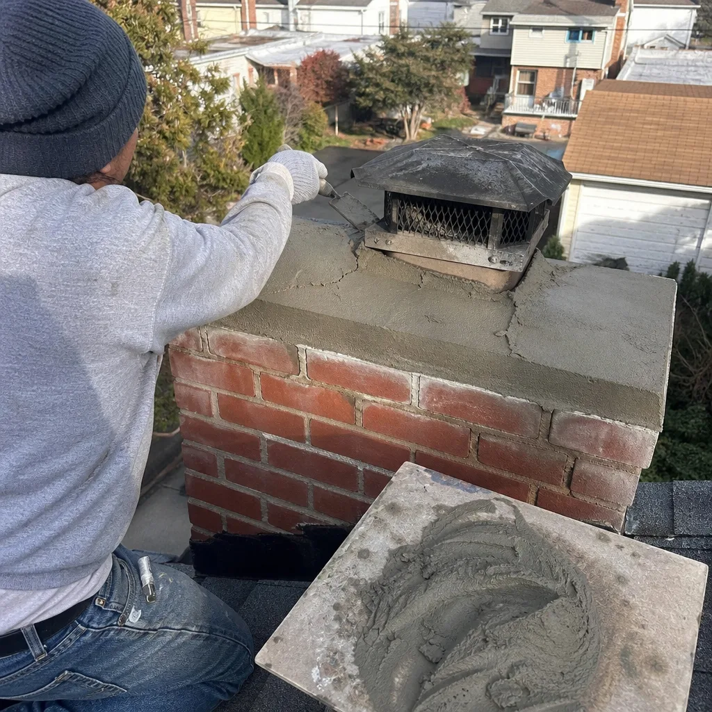 Professional technician applying mortar for a residential chimney crown masonry repair