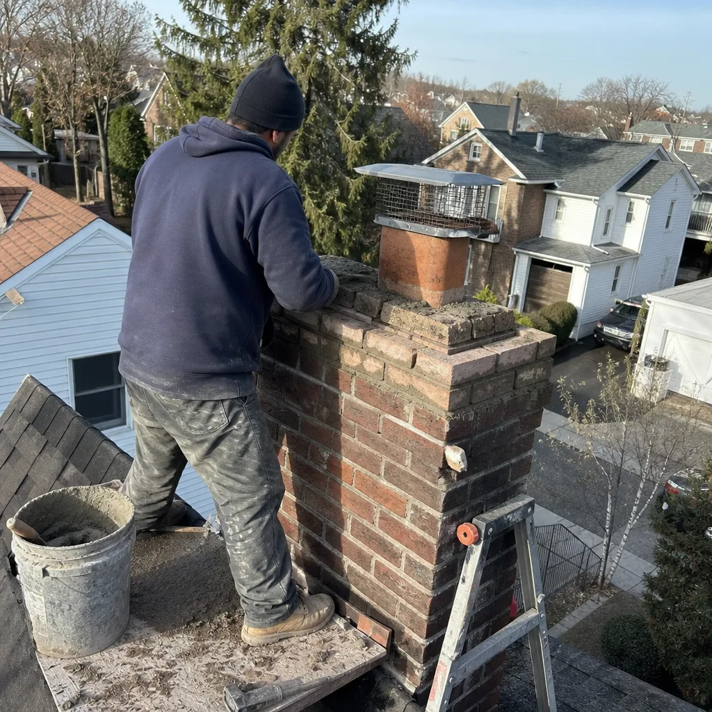 Professional contractor repairing a brick chimney on a rooftop