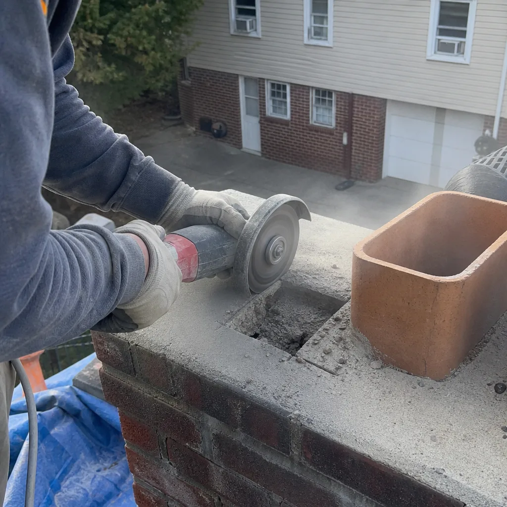 Worker cutting chimney concrete crown with angle grinder for chimney repair